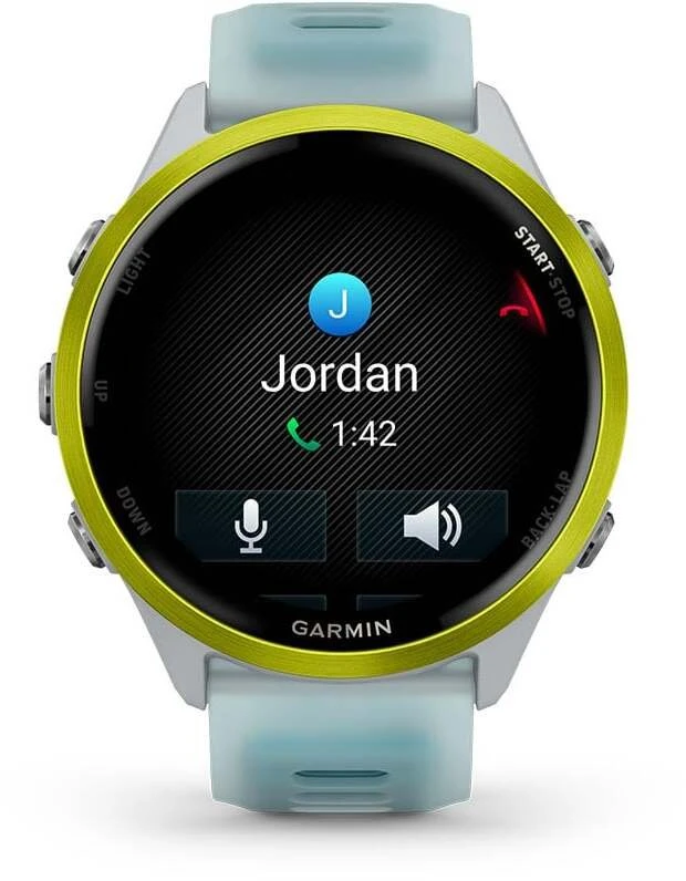 Išmanusis laikrodis Garmin Forerunner® 570 - 47mm, Ryškiai geltonos spalvos aliuminis su permatomu baltojo akmens / turkio spalvos dirželiu