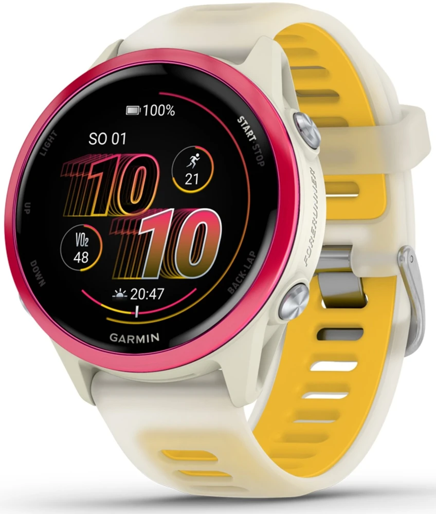 Išmanusis laikrodis Garmin Forerunner® 570 - 42mm Rožinės spalvos aliuminis su permatomu kreminės / mango spalvos dirželiu