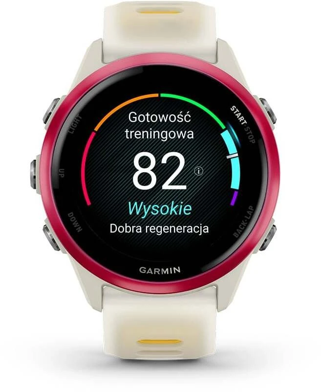 Išmanusis laikrodis Garmin Forerunner® 570 - 42mm Rožinės spalvos aliuminis su permatomu kreminės / mango spalvos dirželiu