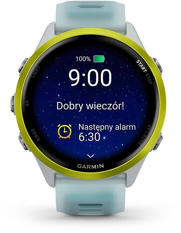 Išmanusis laikrodis Garmin Forerunner® 570 - 47mm, Ryškiai geltonos spalvos aliuminis su permatomu baltojo akmens / turkio spalvos dirželiu