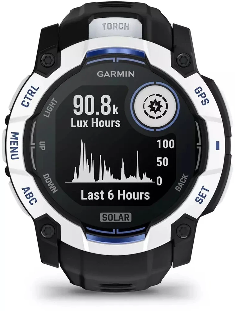 Išmanusis laikrodis Garmin Instinct 3 – 50 mm, Solar, Baltojo akmens spalvos su juodu / mėlynu dirželiu
