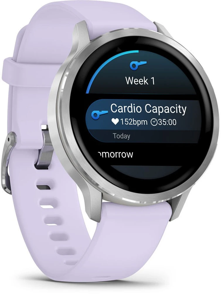 Išmanusis laikrodis Garmin Venu® 4 - 41 mm Sidabro spalvos su šviesiai violetinės spalvos silikoniniu dirželiu | 010-03013-01