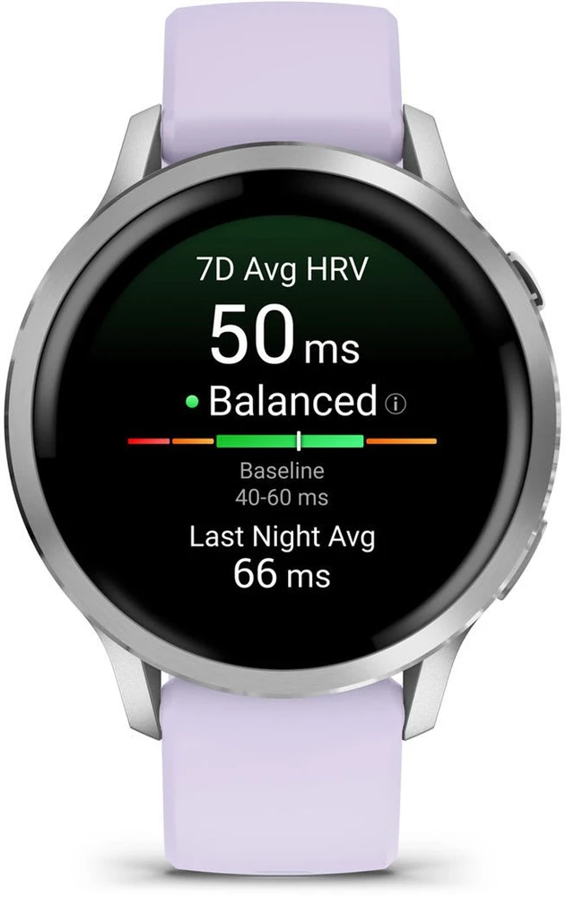 Išmanusis laikrodis Garmin Venu® 4 - 41 mm Sidabro spalvos su šviesiai violetinės spalvos silikoniniu dirželiu | 010-03013-01