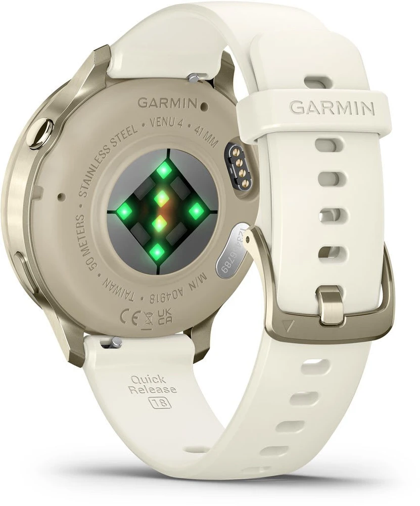 Išmanusis laikrodis Garmin Venu® 4 - 41 mm | spalva: pilkšvos aukso spalvos su kreminės spalvos silikoniniu dirželiu (010-03013-00)