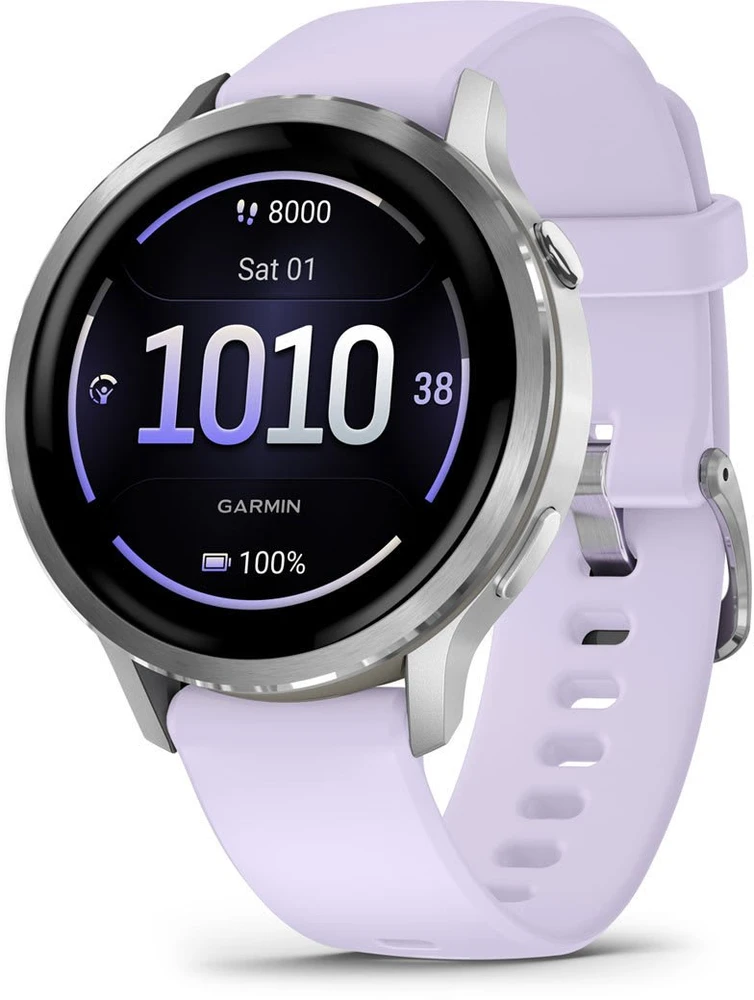 Išmanusis laikrodis Garmin Venu® 4 - 41 mm Sidabro spalvos su šviesiai violetinės spalvos silikoniniu dirželiu | 010-03013-01