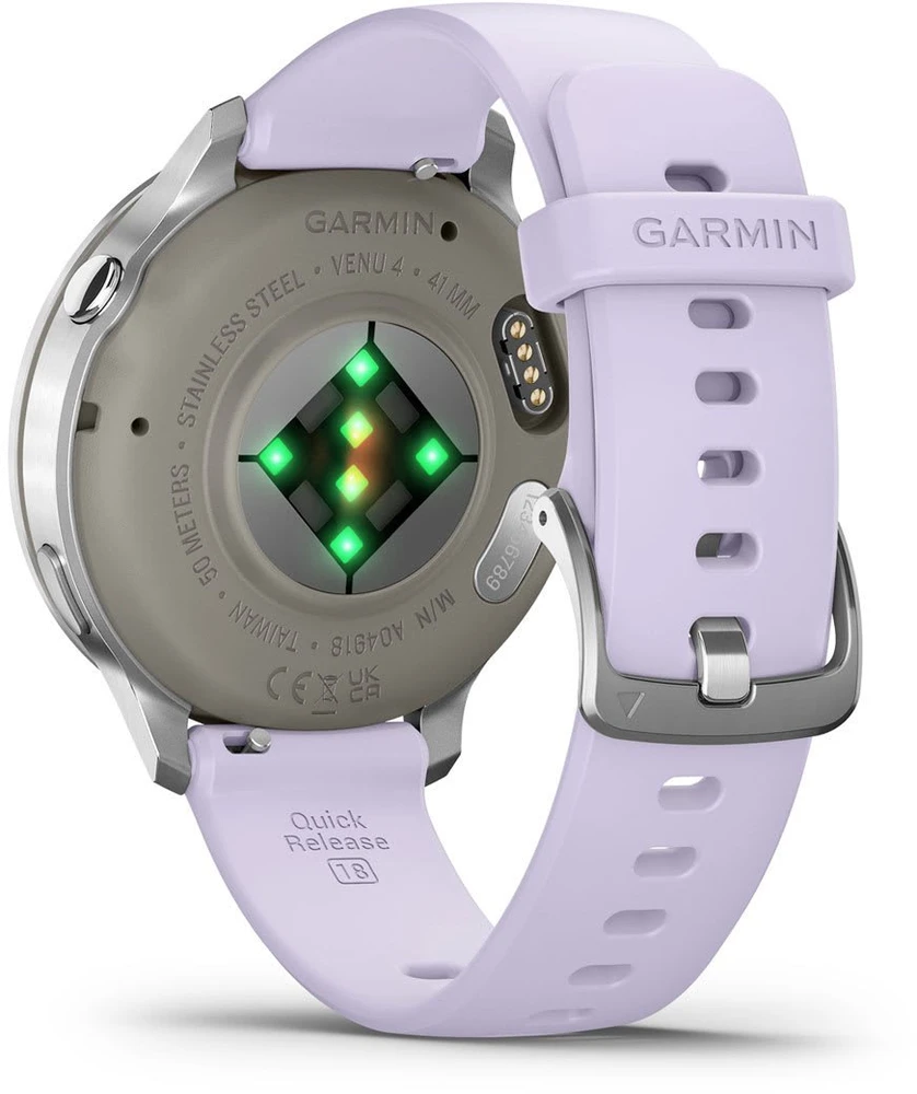 Išmanusis laikrodis Garmin Venu® 4 - 41 mm Sidabro spalvos su šviesiai violetinės spalvos silikoniniu dirželiu | 010-03013-01