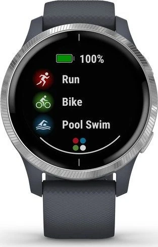 Išmanusis laikrodis Garmin Venu, Sidabro spalvos korpuso apvadas su mėlynai pilkos spalvos dirželiu