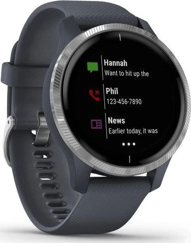 Išmanusis laikrodis Garmin Venu, Sidabro spalvos korpuso apvadas su mėlynai pilkos spalvos dirželiu
