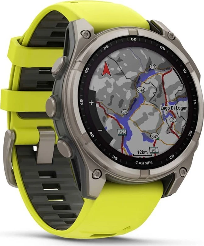 Išmanusis laikrodis Garmin Fenix 8 47mm, Solar, Sapphire, Titanas su ryškiai geltonu / grafito spalvos silikoniniu dirželiu