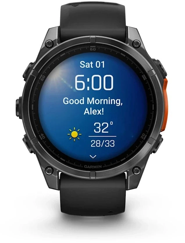 Išmanusis laikrodis Garmin Fenix 8 – 47 mm, AMOLED Skalūno pilkos spavos korpusas su juodu silikono dirželiu