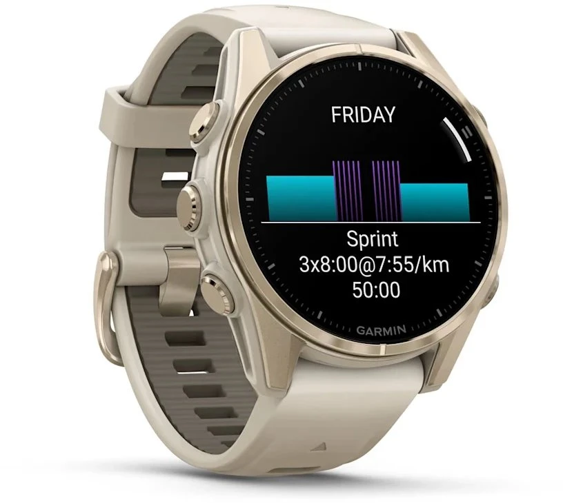Išmanusis laikrodis Garmin Fenix 8 – 43 mm, AMOLED Sapphire, Šviesaus aukso ir rūko pilkos / tamsios smiltainio spalvos silikoninis dirželis