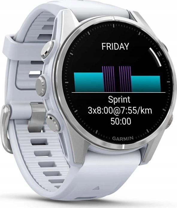Išmanusis laikrodis Garmin Fenix 8 – 43 mm, AMOLED Sidabrinės spalvos korpusas su baltojo akmens spalvos silikoniniu dirželiu