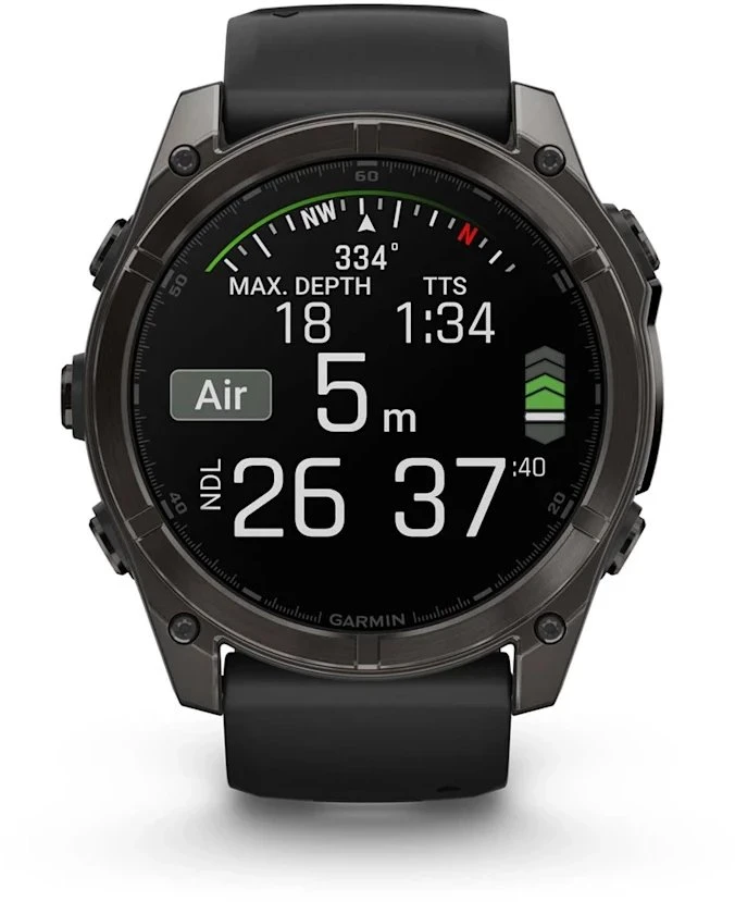 Išmanusis laikrodis Garmin Fenix 8  - 51 mm, AMOLED Sapphire, Anglies pilkumo DLC su juodos / pilkos akmenukų spalvos silikoniniu dirželiu