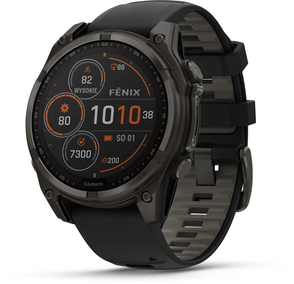Išmanusis laikrodis Garmin Fenix 8 47 mm, Solar, Sapphire, Pilkos anglies spalvos DLC titanas su juodos / pilkos akmenukų spalvos silikoniniu dirželiu