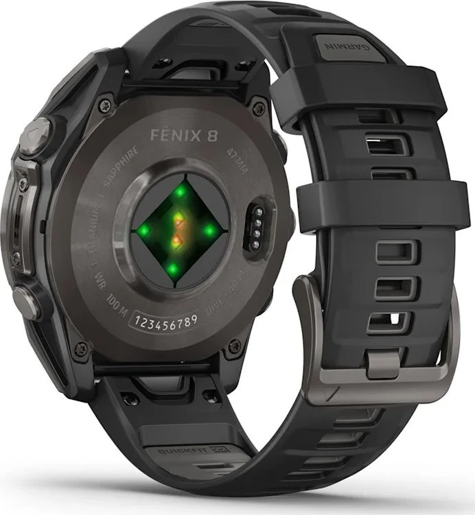 Garmin Išmanusis laikrodis Fenix 8 – 47 mm, AMOLED Sapphire, Pilkos anglies spalvos DLC titanas su juodai pilkos spalvos silikoniniu dirželiu
