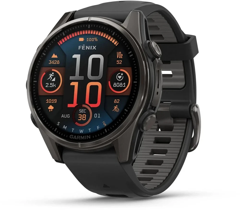 Išmanusis laikrodis Garmin Fenix 8 – 43 mm, AMOLED Sapphire, Pilkos anglies spalvos DLC titanas su juodos / pilkos akmenukų spalvos silikoniniu
