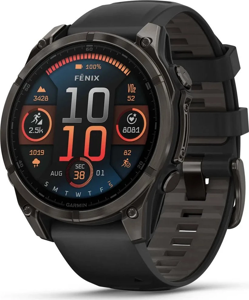Garmin Išmanusis laikrodis Fenix 8 – 47 mm, AMOLED Sapphire, Pilkos anglies spalvos DLC titanas su juodai pilkos spalvos silikoniniu dirželiu