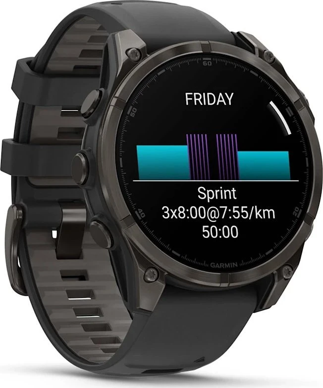 Garmin Išmanusis laikrodis Fenix 8 – 47 mm, AMOLED Sapphire, Pilkos anglies spalvos DLC titanas su juodai pilkos spalvos silikoniniu dirželiu