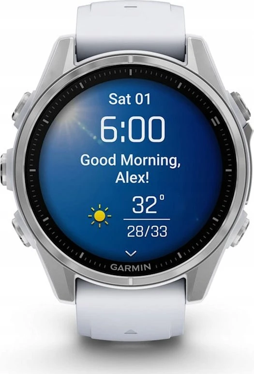 Išmanusis laikrodis Garmin Fenix 8 – 43 mm, AMOLED Sidabrinės spalvos korpusas su baltojo akmens spalvos silikoniniu dirželiu