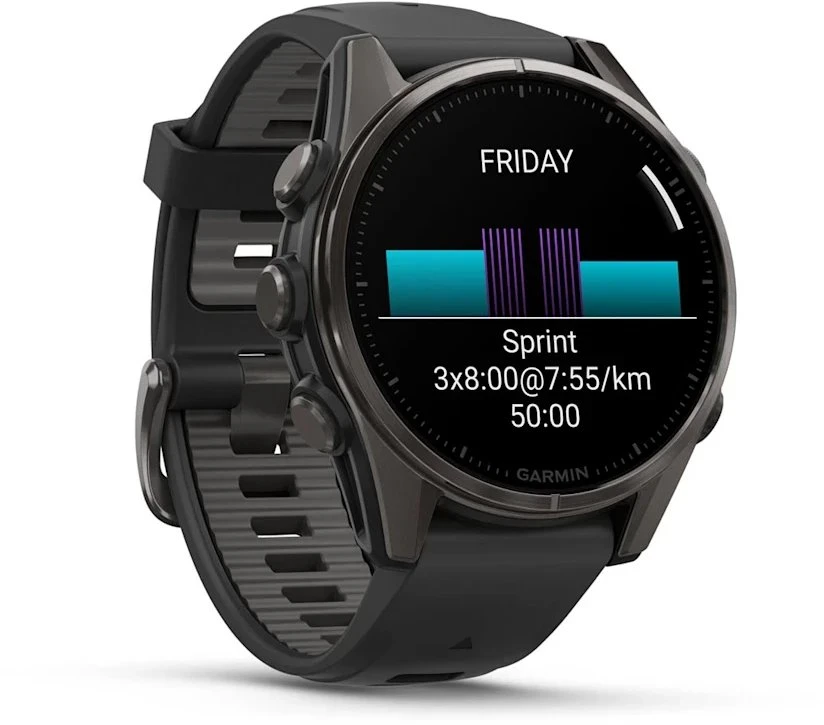 Išmanusis laikrodis Garmin Fenix 8 – 43 mm, AMOLED Sapphire, Pilkos anglies spalvos DLC titanas su juodos / pilkos akmenukų spalvos silikoniniu