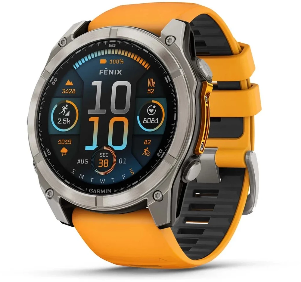 Išmanusis laikrodis Garmin Fenix 8 – 51 mm, AMOLED Sapphire, Iš titano su oranžiniu / grafito spalvos silikoniniu dirželiu