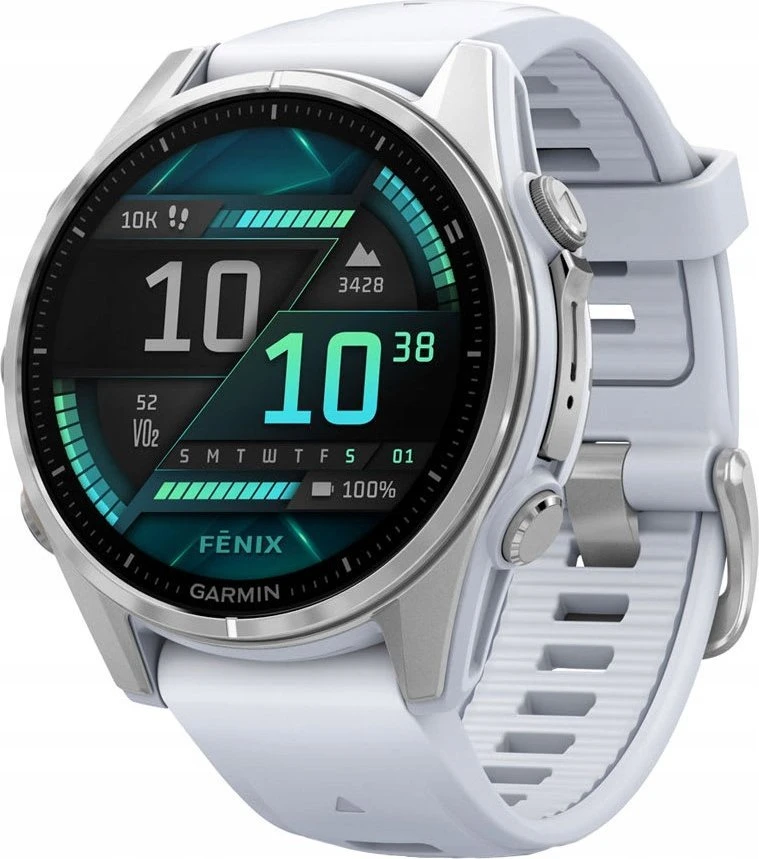 Išmanusis laikrodis Garmin Fenix 8 – 43 mm, AMOLED Sidabrinės spalvos korpusas su baltojo akmens spalvos silikoniniu dirželiu