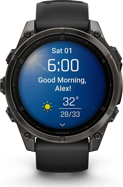 Garmin Išmanusis laikrodis Fenix 8 – 47 mm, AMOLED Sapphire, Pilkos anglies spalvos DLC titanas su juodai pilkos spalvos silikoniniu dirželiu