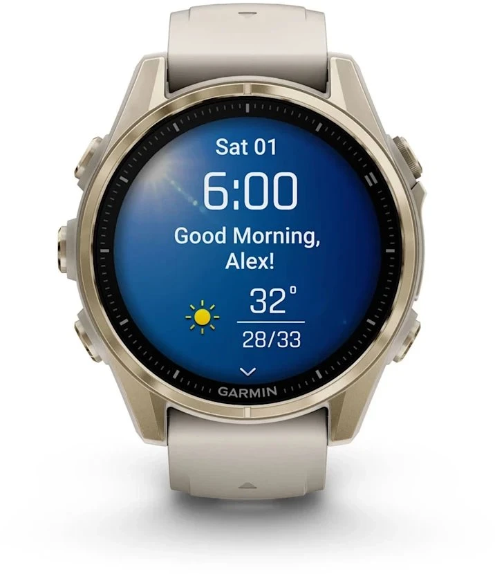 Išmanusis laikrodis Garmin Fenix 8 – 43 mm, AMOLED Sapphire, Šviesaus aukso ir rūko pilkos / tamsios smiltainio spalvos silikoninis dirželis