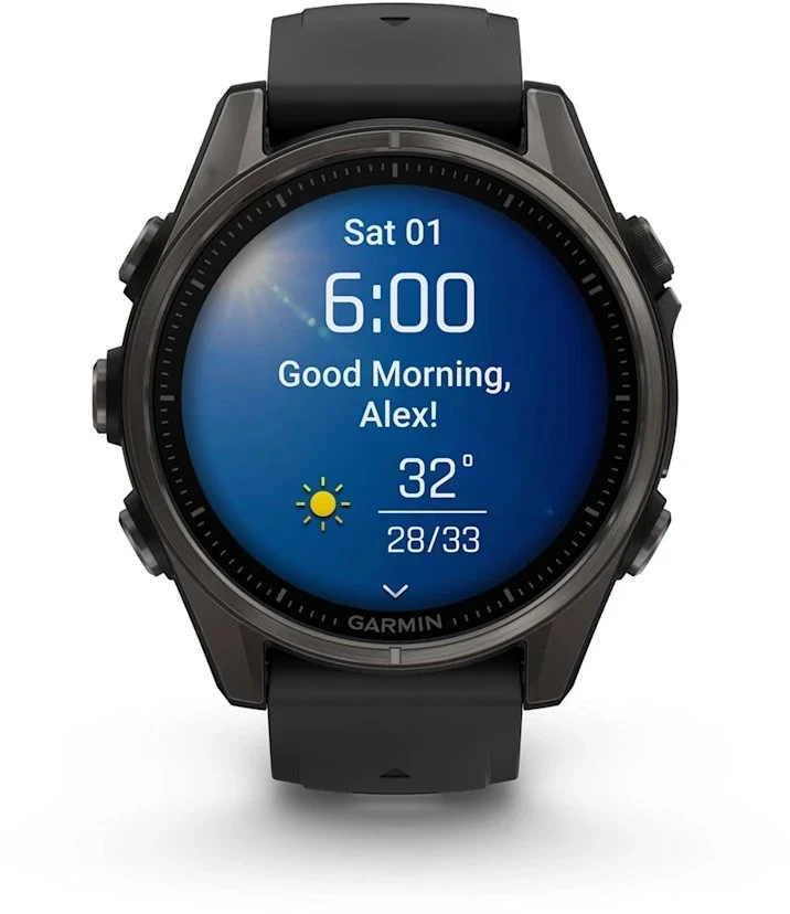 Išmanusis laikrodis Garmin Fenix 8 – 43 mm, AMOLED Sapphire, Pilkos anglies spalvos DLC titanas su juodos / pilkos akmenukų spalvos silikoniniu