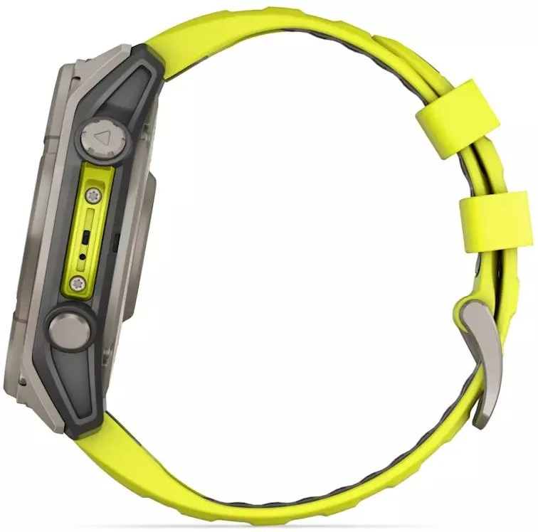 Išmanusis laikrodis Garmin Fenix 8 51mm, Solar, Sapphire, Titanas su ryškiai geltonu / grafito spalvos silikoniniu dirželiu