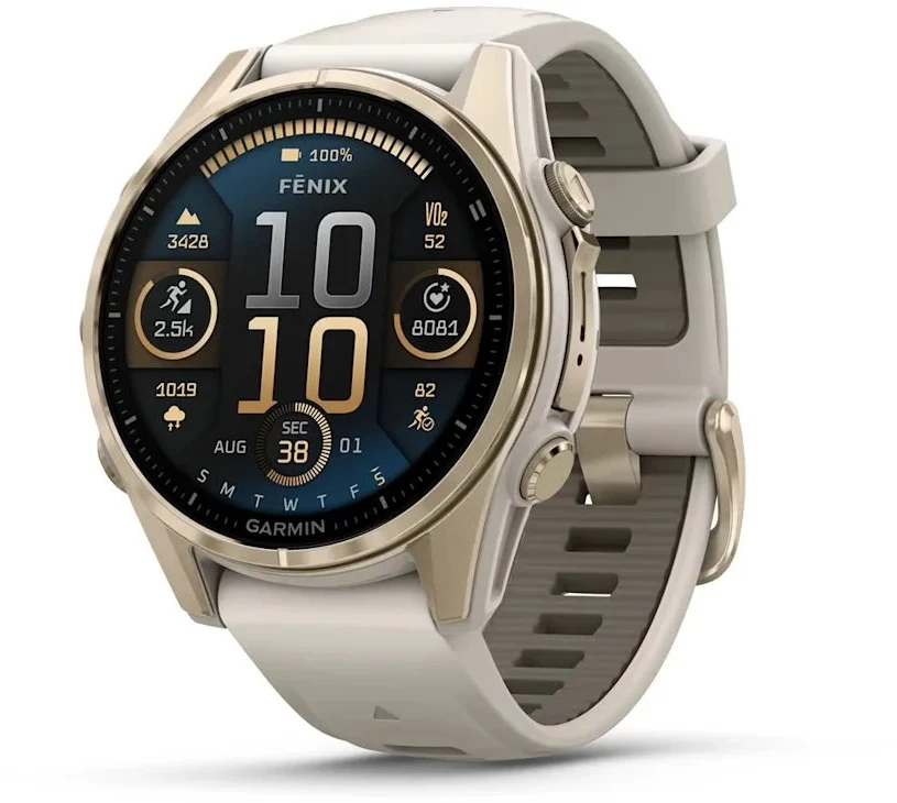 Išmanusis laikrodis Garmin Fenix 8 – 43 mm, AMOLED Sapphire, Šviesaus aukso ir rūko pilkos / tamsios smiltainio spalvos silikoninis dirželis
