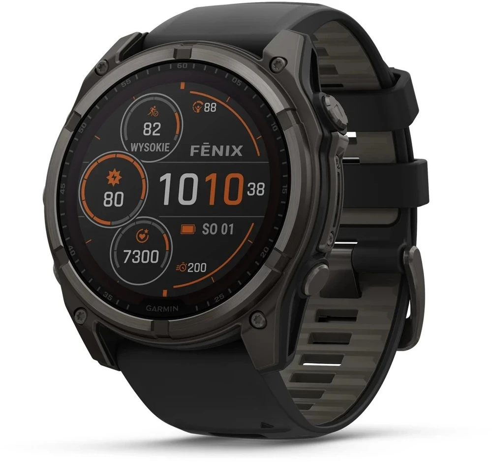 Išmanusis laikrodis Garmin Fenix 8 51 mm, Solar, Sapphire, Pilkos anglies spalvos DLC titanas su juodos / pilkos akmenukų spalvos silikoniniu dirželiu