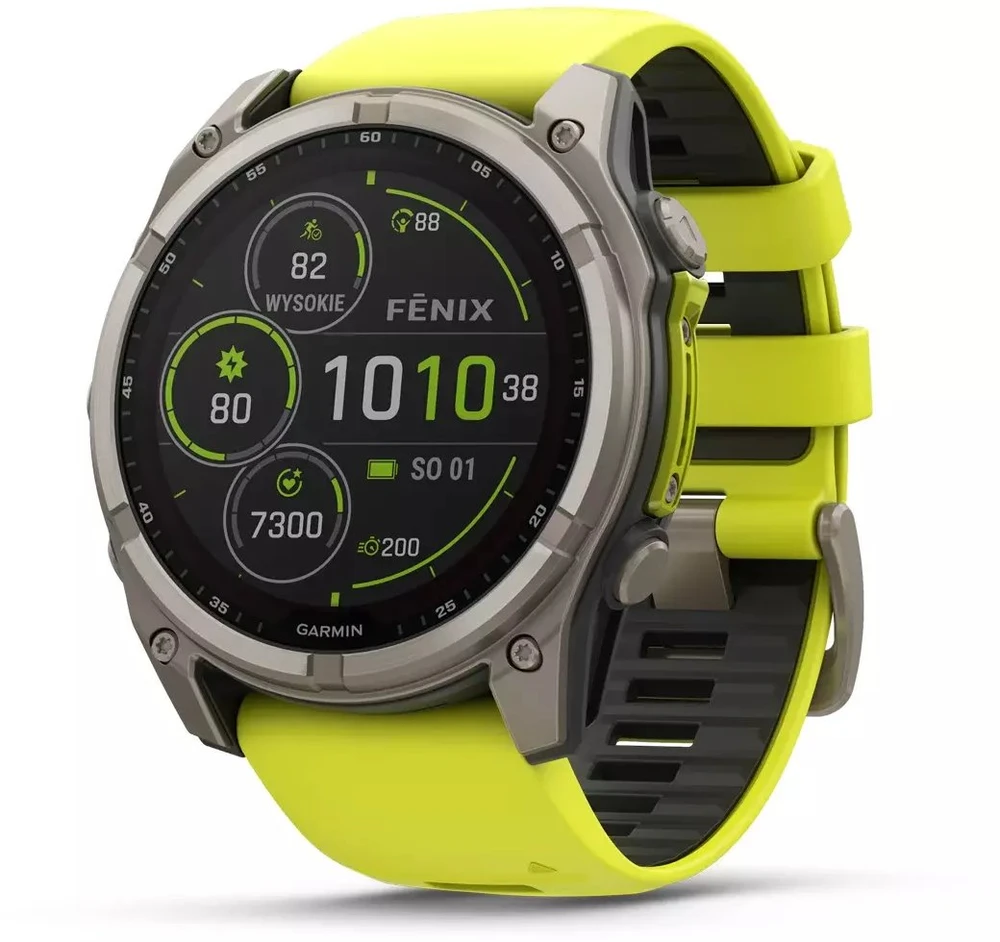 Išmanusis laikrodis Garmin Fenix 8 51mm, Solar, Sapphire, Titanas su ryškiai geltonu / grafito spalvos silikoniniu dirželiu