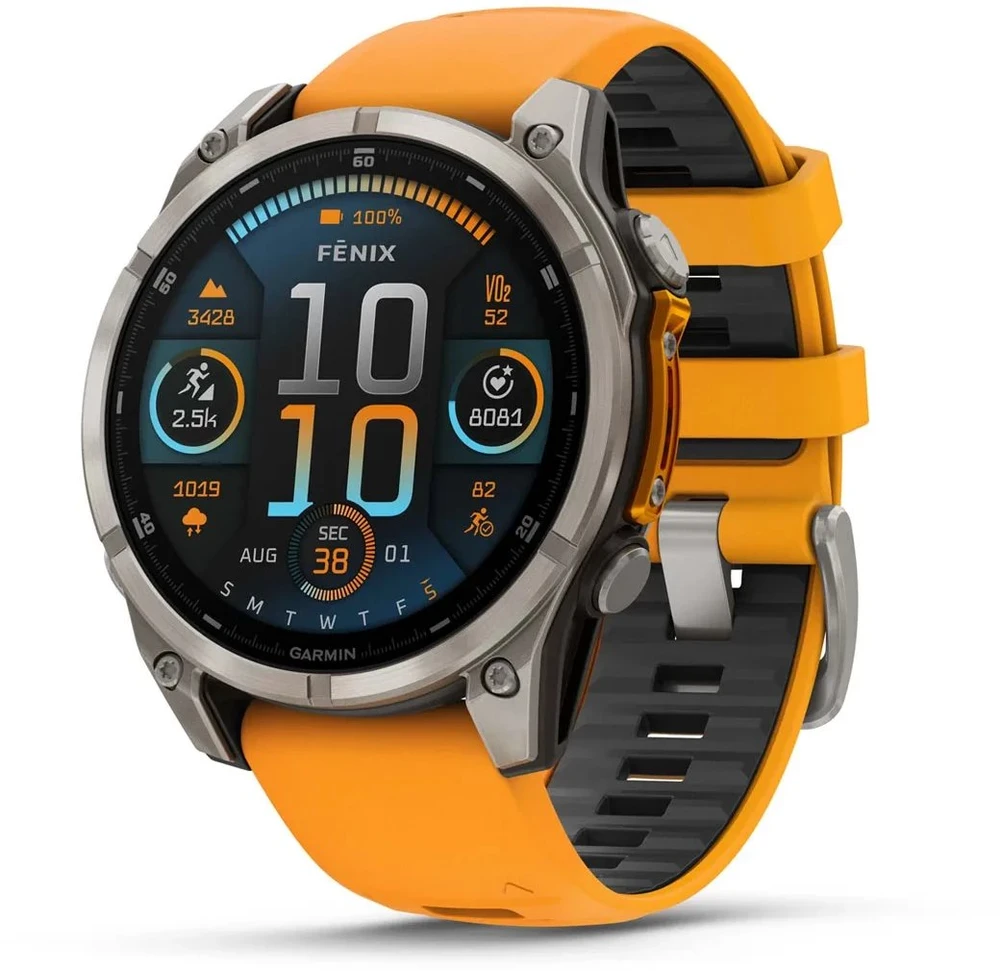 Išmanusis laikrodis Garmin Fenix 8 - 47 mm, AMOLED Sapphire, Titanas su oranžiniu / grafito spalvos silikoniniu dirželiu