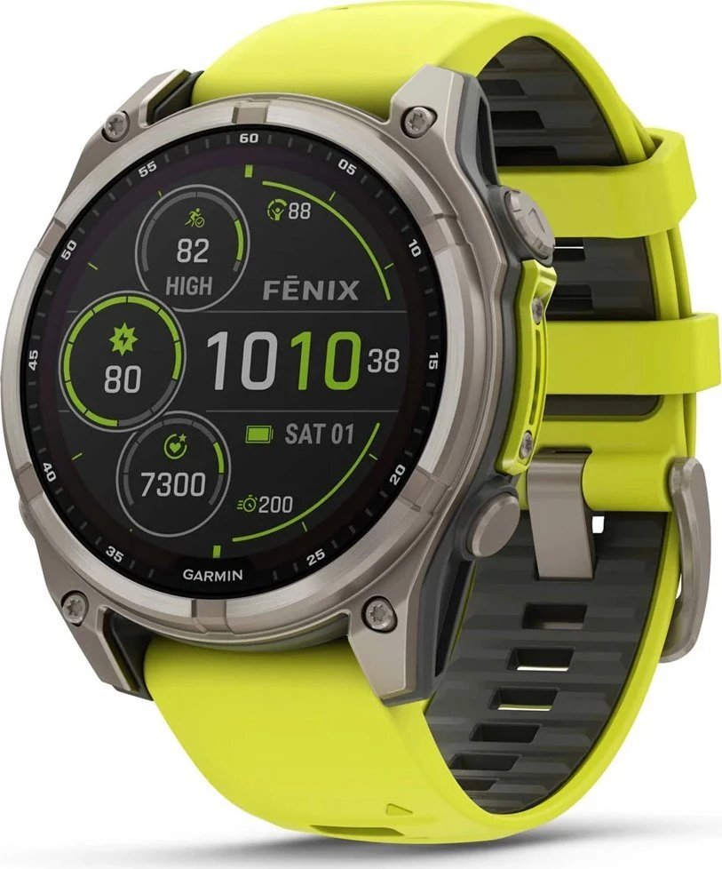 Išmanusis laikrodis Garmin Fenix 8 47mm, Solar, Sapphire, Titanas su ryškiai geltonu / grafito spalvos silikoniniu dirželiu