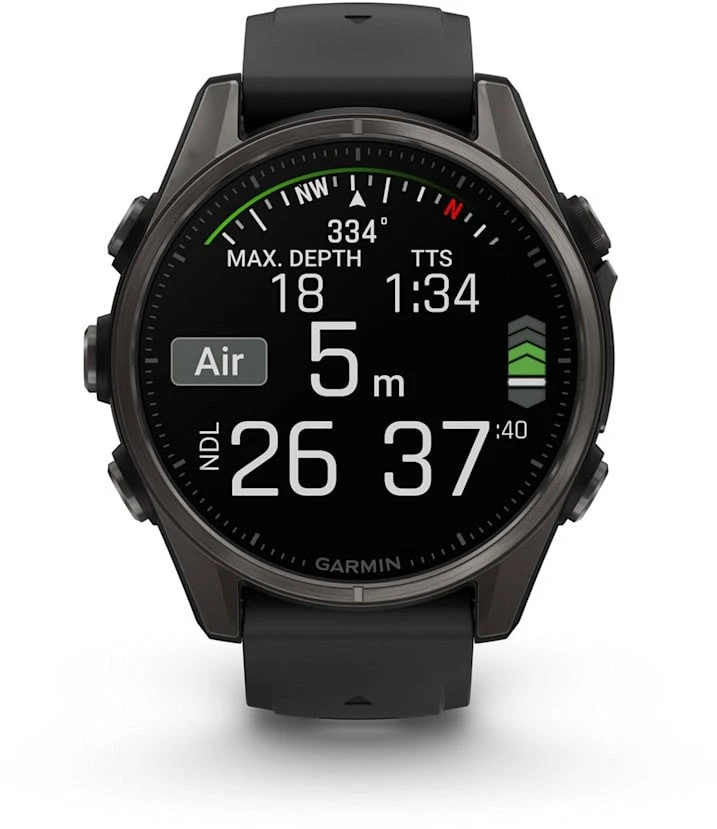 Išmanusis laikrodis Garmin Fenix 8 – 43 mm, AMOLED Sapphire, Pilkos anglies spalvos DLC titanas su juodos / pilkos akmenukų spalvos silikoniniu
