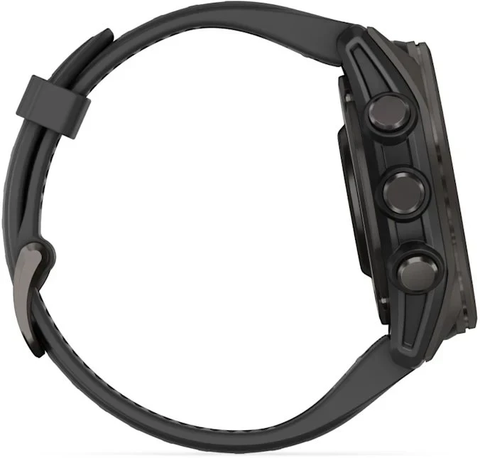 Išmanusis laikrodis Garmin Fenix 8 – 43 mm, AMOLED Sapphire, Pilkos anglies spalvos DLC titanas su juodos / pilkos akmenukų spalvos silikoniniu