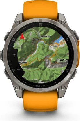 Išmanusis laikrodis Garmin Fenix 8 - 47 mm, AMOLED Sapphire, Titanas su oranžiniu / grafito spalvos silikoniniu dirželiu