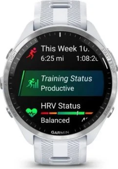 Išmanusis laikrodis Garmin Forerunner 965, Titano apvadas su „Whitestone“ (baltojo akmens) spalvos korpusu ir „Whitestone“ (baltojo akmens) ir „Powder Grey“ (pilkšvos) spalvos silikoniniu dirželiu