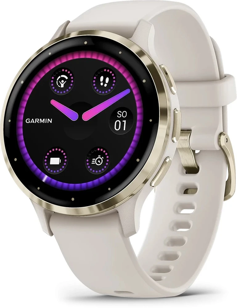 Išmanusis laikrodis Garmin Venu® 3S, Šviesaus aukso spalvos nerūdijančiojo plieno apvadas su dramblio kaulo spalvos korpusu ir silikoniniu dirželiu