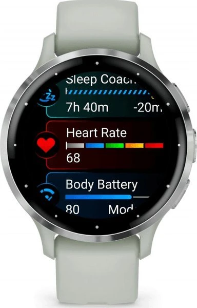 Išmanusis laikrodis Garmin Venu® 3S, Sidabro spalvos nerūdijančiojo plieno apvadas, su žaliai pilkos spalvos korpusu ir silikoniniu dirželiu