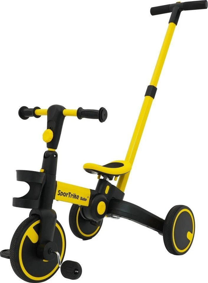 Stumiamas triratukas su rankene Happy Bike 3in1 Sportrike geltonos spalvos