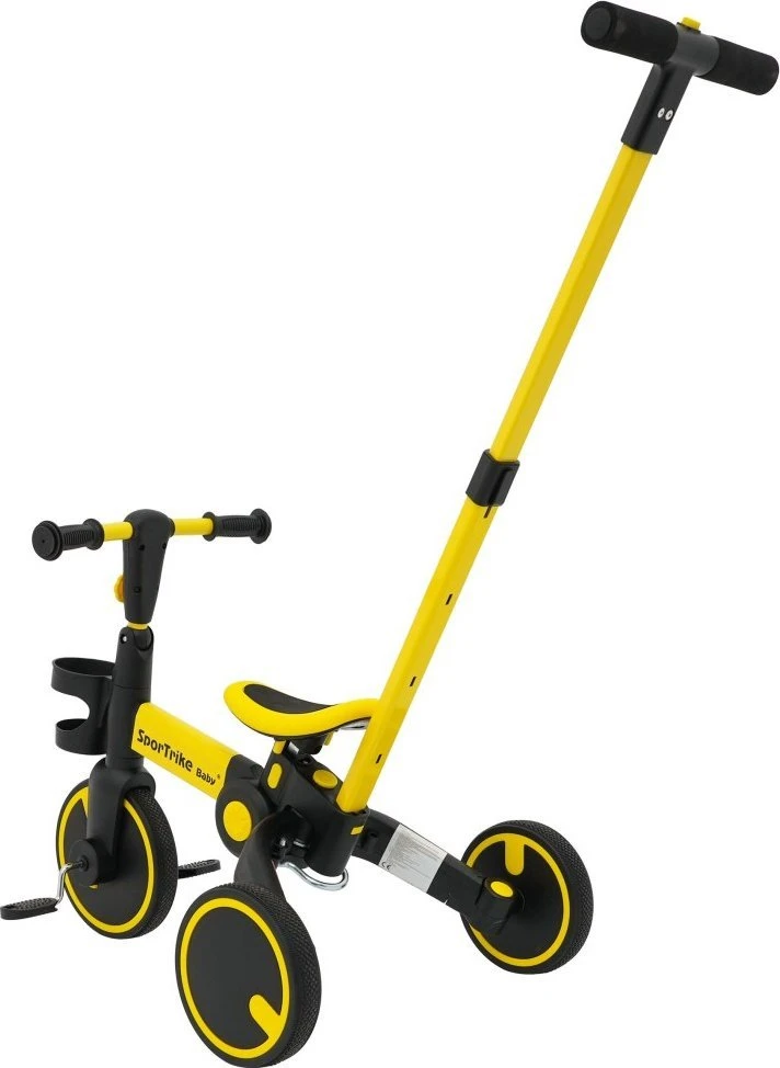 Stumiamas triratukas su rankene Happy Bike 3in1 Sportrike geltonos spalvos