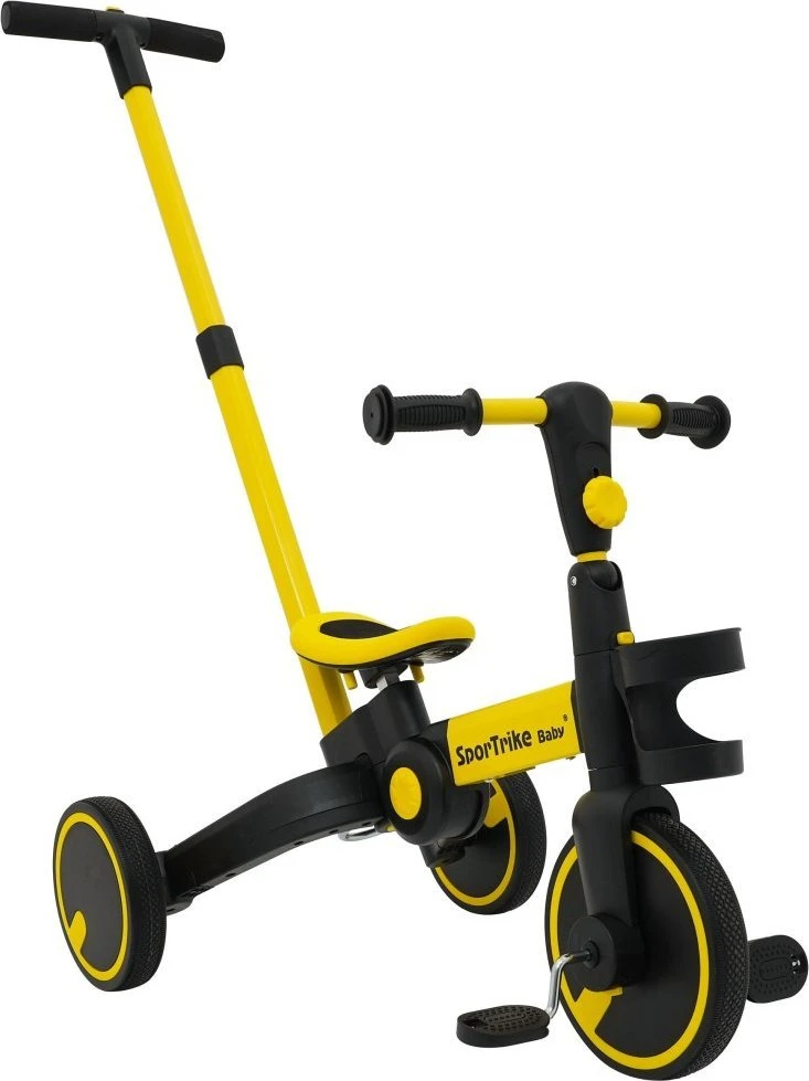 Stumiamas triratukas su rankene Happy Bike 3in1 Sportrike geltonos spalvos