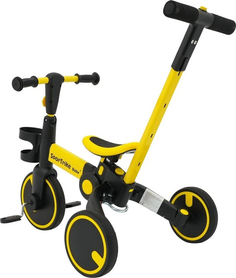 Stumiamas triratukas su rankene Happy Bike 3in1 Sportrike geltonos spalvos