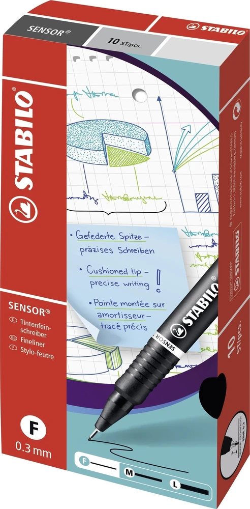 Stabilo Fineliner Sensor 189, 0,3 mm, rød, æske a 10 stk.