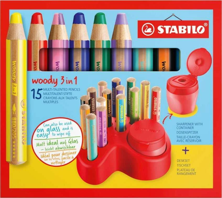 Stabilo Woody 3in1 kreidelės, 15 vnt. su indeliu