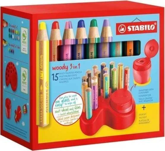 Stabilo Woody 3in1 kreidelės, 15 vnt. su indeliu