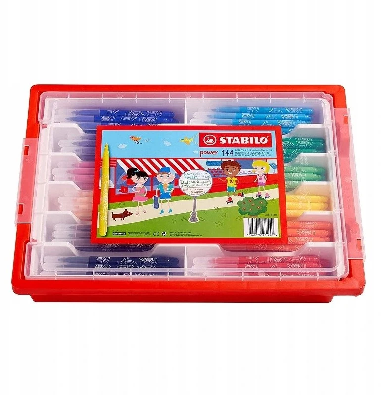 Stabilo Vaikiškų žymeklių rinkinys su 12x12 spalvų tvirtoje dėžutėje su dangteliu – be dangtelio gali būti laikomas iki 8 savaičių.