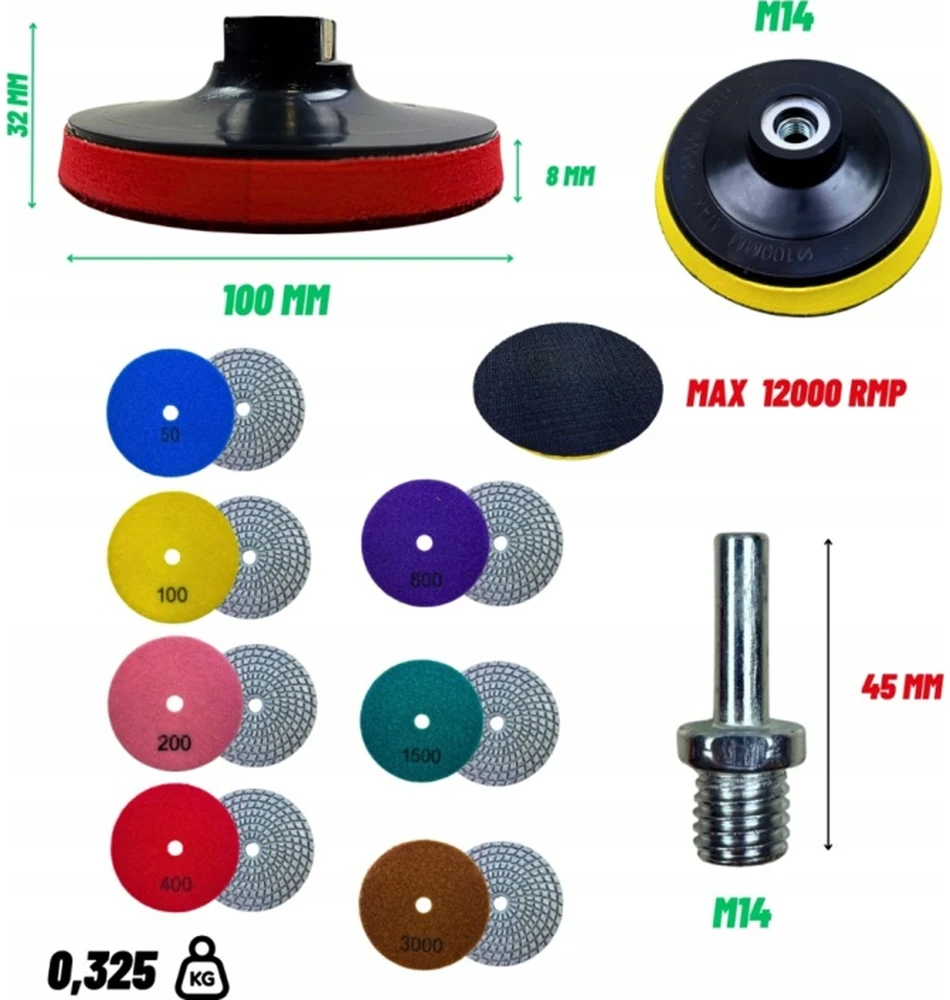 ALLBE AKMENS POLIRAVIMO RINKINYS 8-viename; 100mm + KOTAS